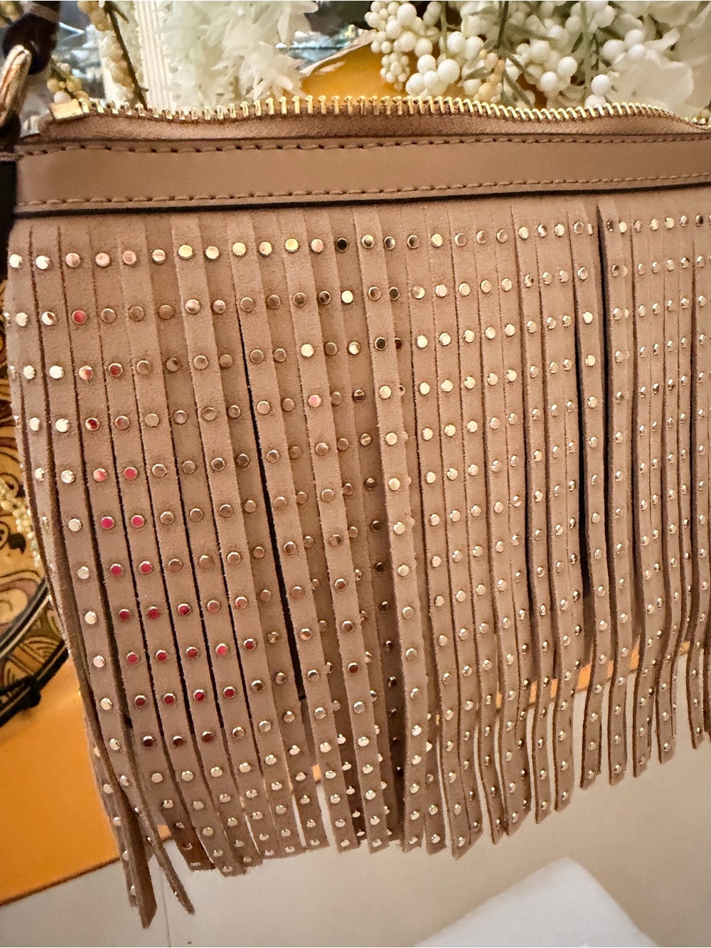 Michael Kors Fringed Studded Crossbody Bag in Taupe